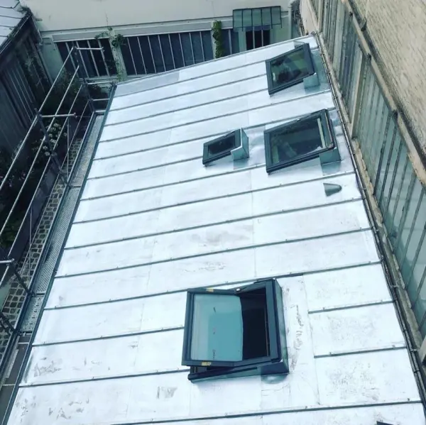 Toiture en zinc à joint debout percée de plusieurs châssis, à Paris