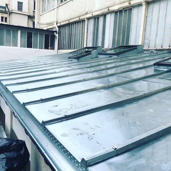 Couverture zinc d'un bâtiment industriel avec châssis vitrés, à Paris